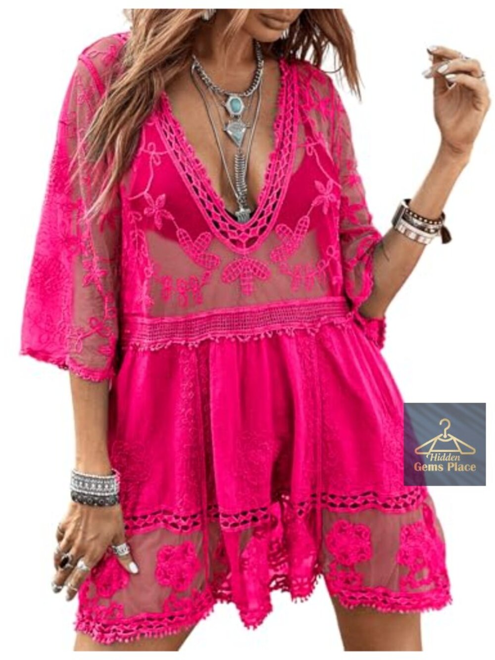 Lace Bathing Suit Cover Up V-Neck Swimsuits Coverup Rayon Beach